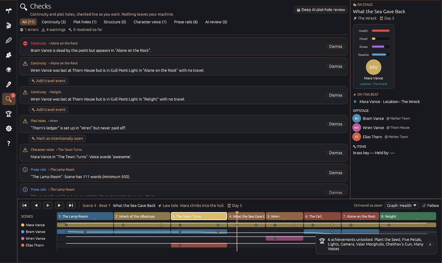 Continuity issues in the sample story, grouped by severity, with actions to fix or dismiss them.