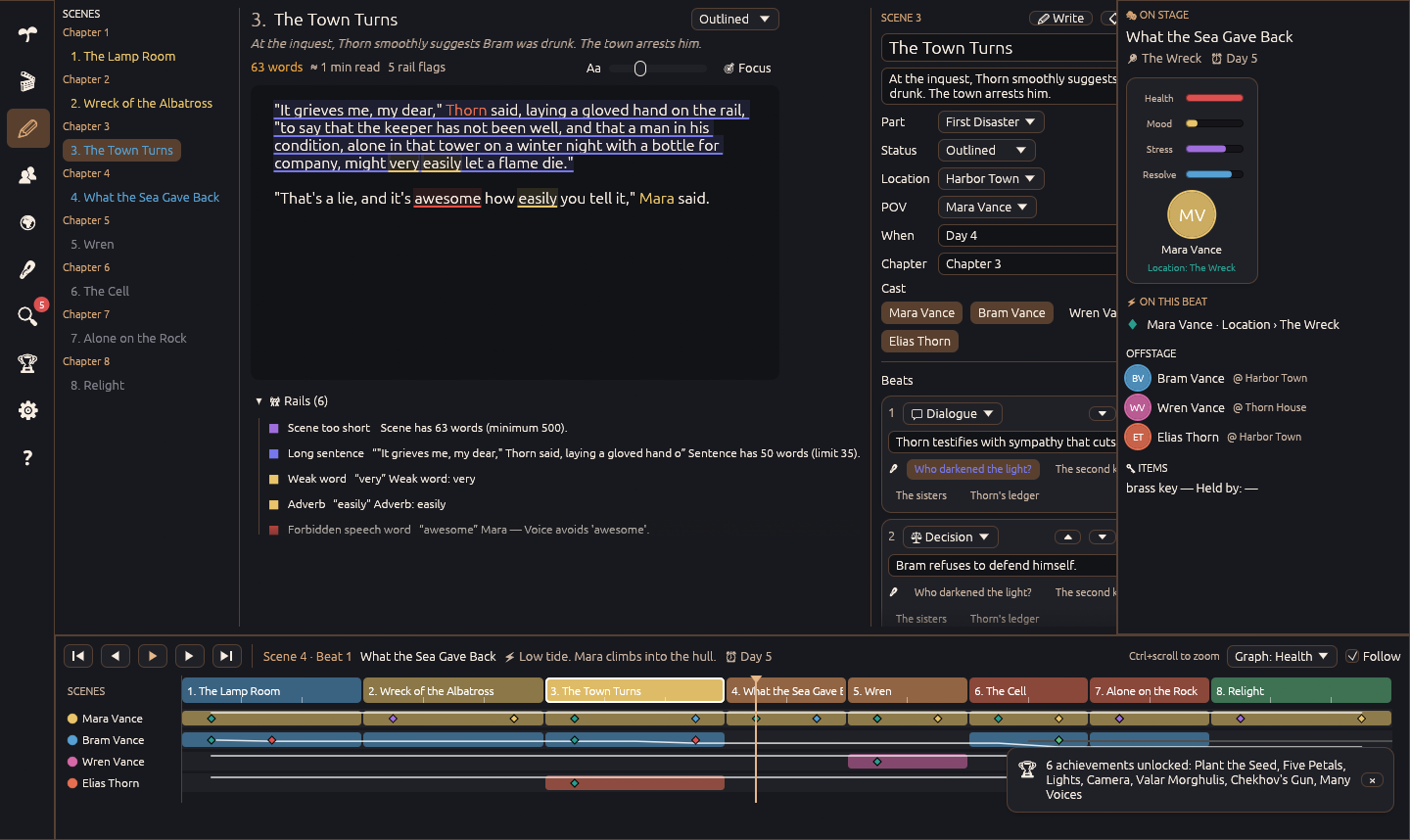 The Write page showing sample prose with inline underlines, the scene list, stage meters and timeline.